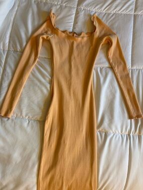 Fashion Nova Long Sleeve Scoop Neck Bodycon Dress in Peach Orange